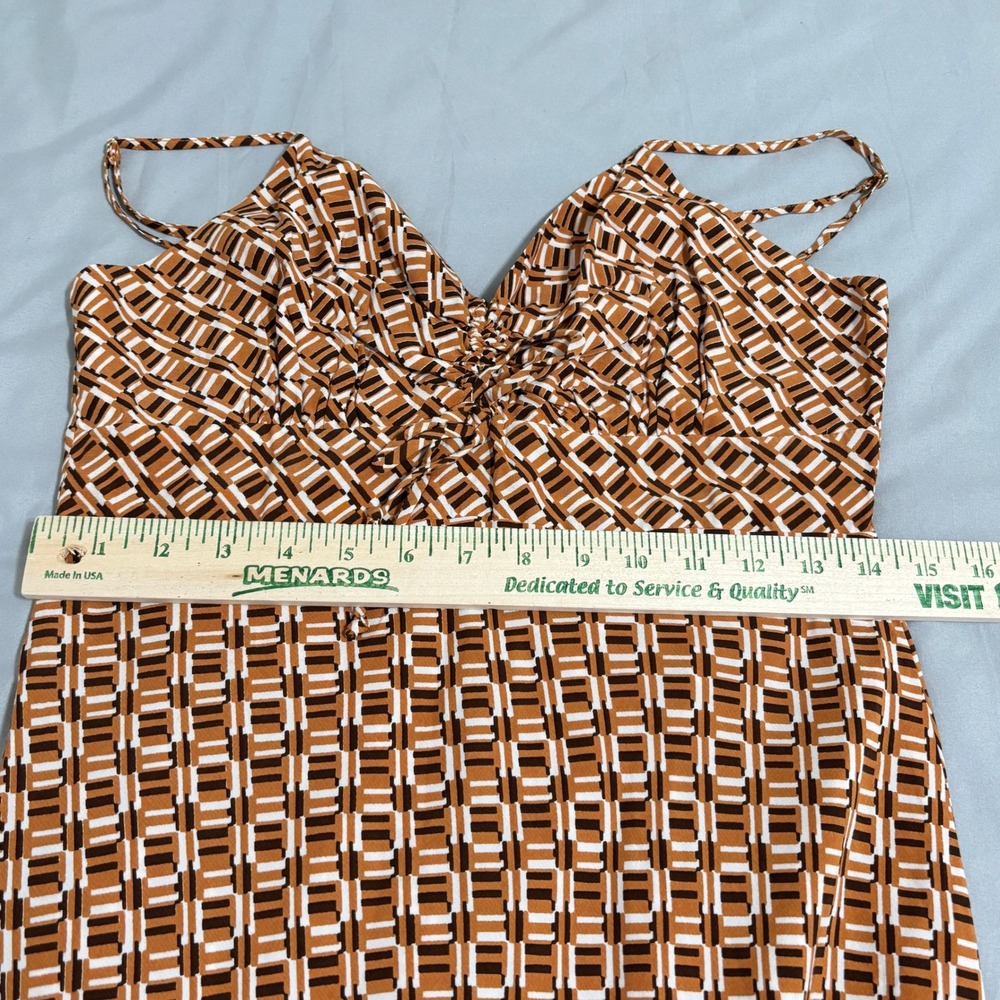 Faithfull the Brand Ruched Bust Brown Orange Midi Dress Geometric Print Sz 6 - Picture 7 of 9